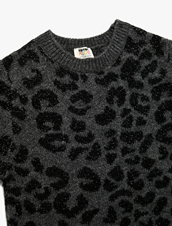 Leopar Desenli Bisiklet Yaka Kısa Kollu Triko Elbise