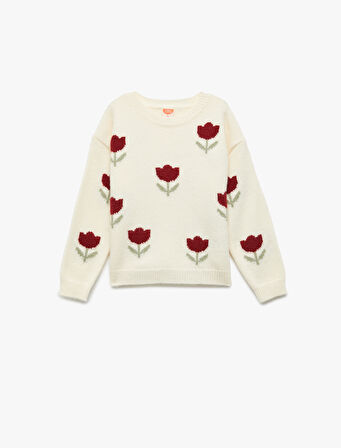 Uzun Kollu Bisiklet Yaka Çiçek Desenli Triko Kazak