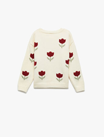 Uzun Kollu Bisiklet Yaka Çiçek Desenli Triko Kazak