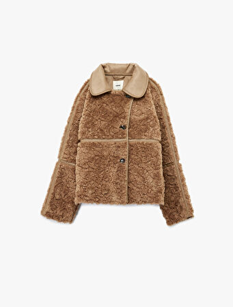 Suni Deri Yaka Detaylı Uzun Kollu Düğmeli Süet Astarlı Peluş Kaban