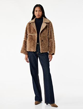 Suni Deri Yaka Detaylı Uzun Kollu Düğmeli Süet Astarlı Peluş Kaban