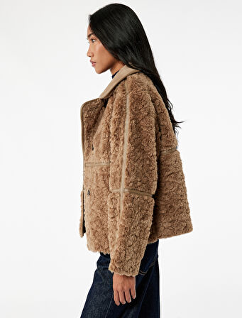 Suni Deri Yaka Detaylı Uzun Kollu Düğmeli Süet Astarlı Peluş Kaban
