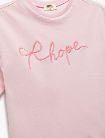 Pamuklu Bisiklet Yaka Nakışlı Kısa Kollu Tişört