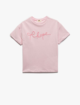 Pamuklu Bisiklet Yaka Nakışlı Kısa Kollu Tişört