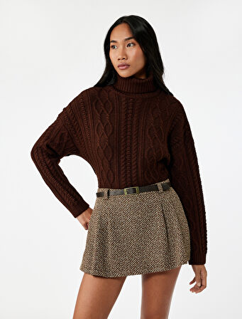 Uzun Kollu Balıkçı Yaka Saç Örgü Oversize Kazak