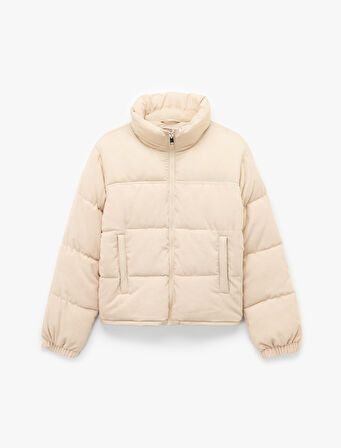 Cepli Dik Yaka Uzun Kollu Fermuarlı Fitilli Kadife Şişme Mont