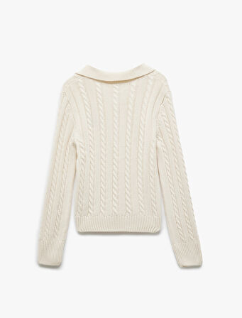 Polo Yaka Nakışlı Saç Örgü Dokulu Triko Kazak