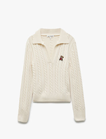 Polo Yaka Nakışlı Saç Örgü Dokulu Triko Kazak