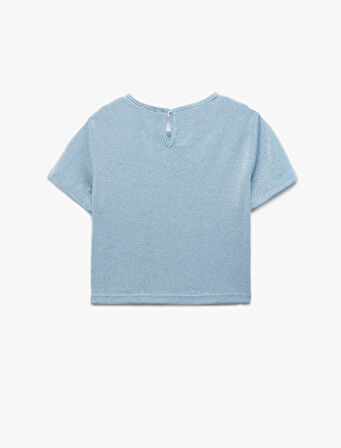 Arkadan Kapama Detaylı Yuvarlak Yaka Taşlı Kısa Kollu Bluz