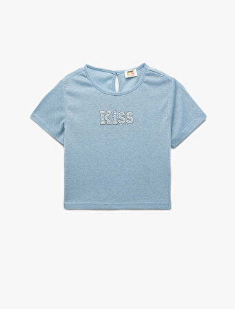 Arkadan Kapama Detaylı Yuvarlak Yaka Taşlı Kısa Kollu Bluz