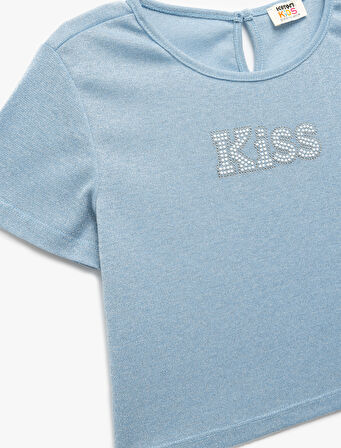 Arkadan Kapama Detaylı Yuvarlak Yaka Taşlı Kısa Kollu Bluz