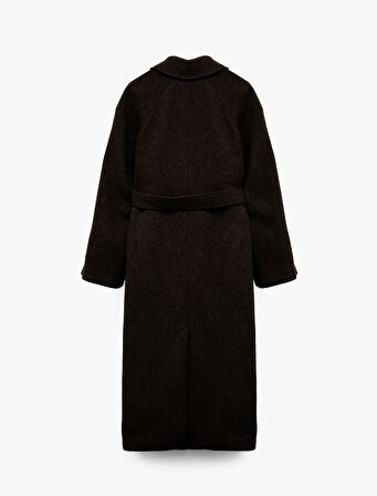 Uzun Kollu Kemerli Cepli Kruvaze Uzun Kaşe Kaban