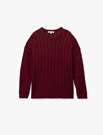 Uzun Kollu Bisiklet Yaka Saç Örgü Dokulu Triko Kazak