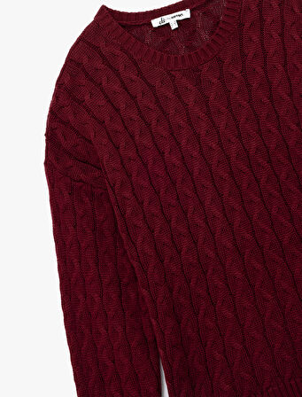 Uzun Kollu Bisiklet Yaka Saç Örgü Dokulu Triko Kazak