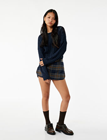 Uzun Kollu Bisiklet Yaka Saç Örgü Dokulu Triko Kazak