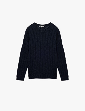 Uzun Kollu Bisiklet Yaka Saç Örgü Dokulu Triko Kazak