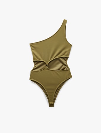 Slim Fit Pencere Detaylı Tek Omuz Bodysuit
