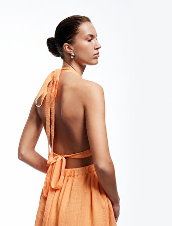 Viskon Boyundan Bağlamalı Sırt Dekolteli Halter Yaka Uzun Elbise