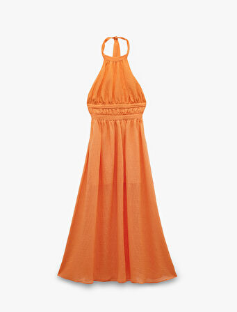 Viskon Boyundan Bağlamalı Sırt Dekolteli Halter Yaka Uzun Elbise