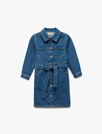 Uzun Kollu Pamuklu Kuşak Detaylı Cepli Düğmeli Gömlek Yaka Denim Elbise