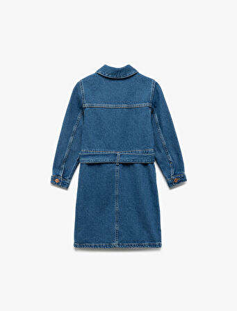 Uzun Kollu Pamuklu Kuşak Detaylı Cepli Düğmeli Gömlek Yaka Denim Elbise