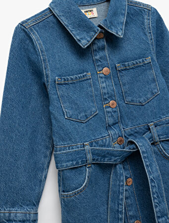 Uzun Kollu Pamuklu Kuşak Detaylı Cepli Düğmeli Gömlek Yaka Denim Elbise