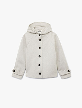 Uzun Kollu Cepli Düğmeli Kapüşonlu Kısa Kaşe Kaban