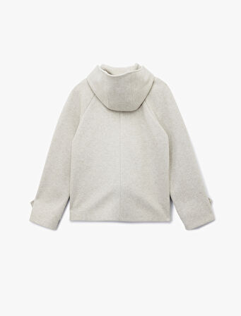 Uzun Kollu Cepli Düğmeli Kapüşonlu Kısa Kaşe Kaban