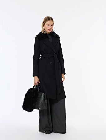 Suni Kürk Yaka Kaban Kaşe Kemerli Uzun Kollu