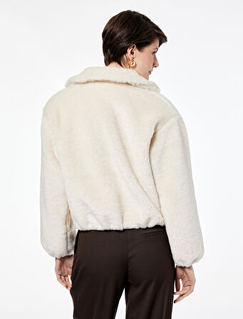 Uzun Kollu Cepli Fermuarlı Crop Peluş Bomber Ceket