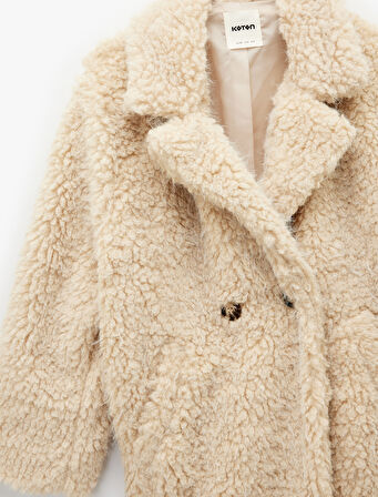 Uzun Kollu Cepli Oversize Kruvaze Suni Kürk Kaban