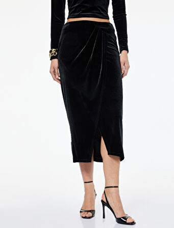 Slim Fit Drapeli Yırtmaçlı Kruvaze Midi Kadife Etek
