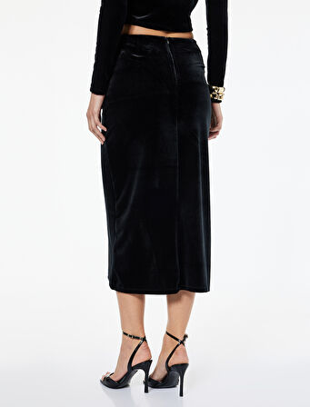 Slim Fit Drapeli Yırtmaçlı Kruvaze Midi Kadife Etek