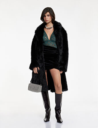 Slim Fit Asimetrik Drapeli Kadife Mini Etek