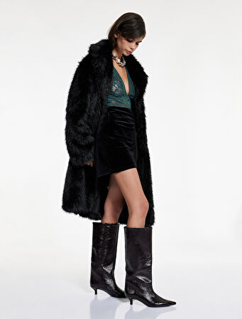 Slim Fit Asimetrik Drapeli Kadife Mini Etek