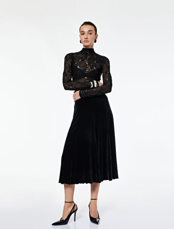 Kloş Kesim Simli Midi Kadife Etek