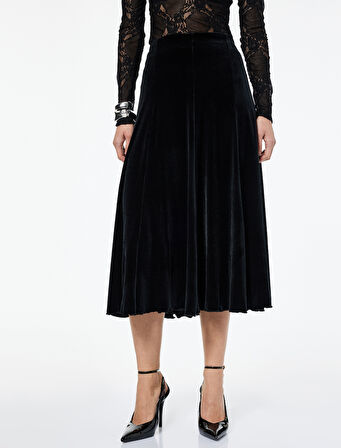 Kloş Kesim Simli Midi Kadife Etek