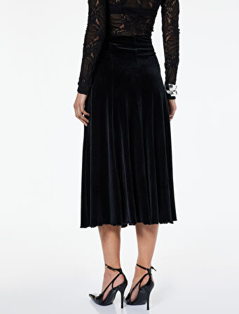Kloş Kesim Simli Midi Kadife Etek