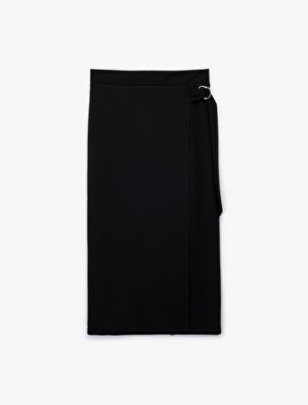 Krep Scuba Kumaş Metal Aksesuarlı Midi Kruvaze Etek