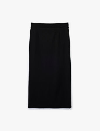 Krep Scuba Kumaş Metal Aksesuarlı Midi Kruvaze Etek