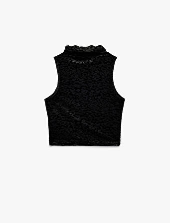 Slim Fit Kolsuz Balıkçı Yaka Leopar Dokulu Crop Kadife Bluz