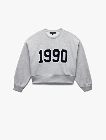 Üç İplik Şardonlu Uzun Kollu Bisiklet Yaka Nakışlı Crop Sweatshirt