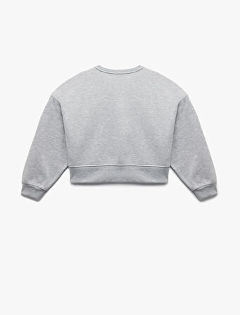 Üç İplik Şardonlu Uzun Kollu Bisiklet Yaka Nakışlı Crop Sweatshirt
