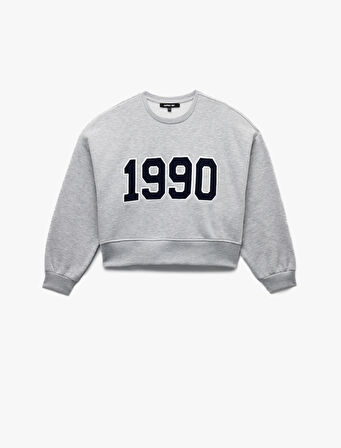 Üç İplik Şardonlu Uzun Kollu Bisiklet Yaka Nakışlı Crop Sweatshirt