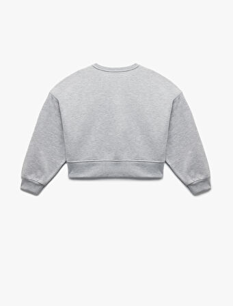 Üç İplik Şardonlu Uzun Kollu Bisiklet Yaka Nakışlı Crop Sweatshirt