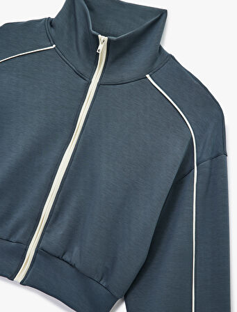 Dik Yaka Viskon Karışımlı Biyeli Fermuarlı Rahat Kalıp Spor Sweatshirt