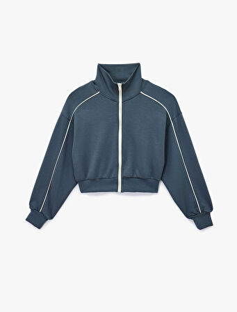 Dik Yaka Viskon Karışımlı Biyeli Fermuarlı Rahat Kalıp Spor Sweatshirt