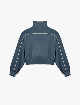 Dik Yaka Viskon Karışımlı Biyeli Fermuarlı Rahat Kalıp Spor Sweatshirt