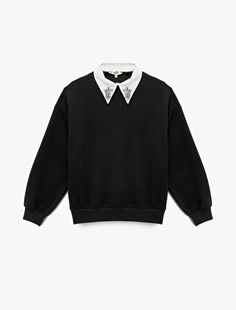 Üç İplik Uzun Kollu Taş Detaylı Gömlek Yaka Sweatshirt