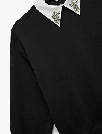 Üç İplik Uzun Kollu Taş Detaylı Gömlek Yaka Sweatshirt